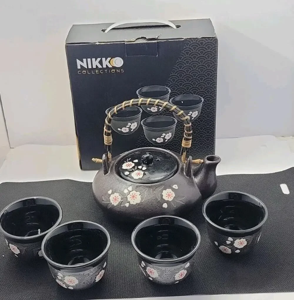 Nikko Collections Japanese Tea Set Black Sakura Cherry Blossom Teapot 4 Cups...
